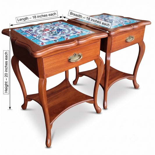 1993 Vintage Teakwood Side Tables with Floral Tile | Traditional Wooden Furniture - Bombay Antiques