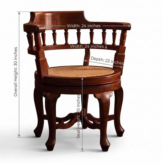 Sagwan Teak Wood Cane Seat Revolving Armchair | Solid Teak Spindle Gallery Captain's Swivel Chair | Inspired by 1890s British Colonial Design - Bombay Antiques