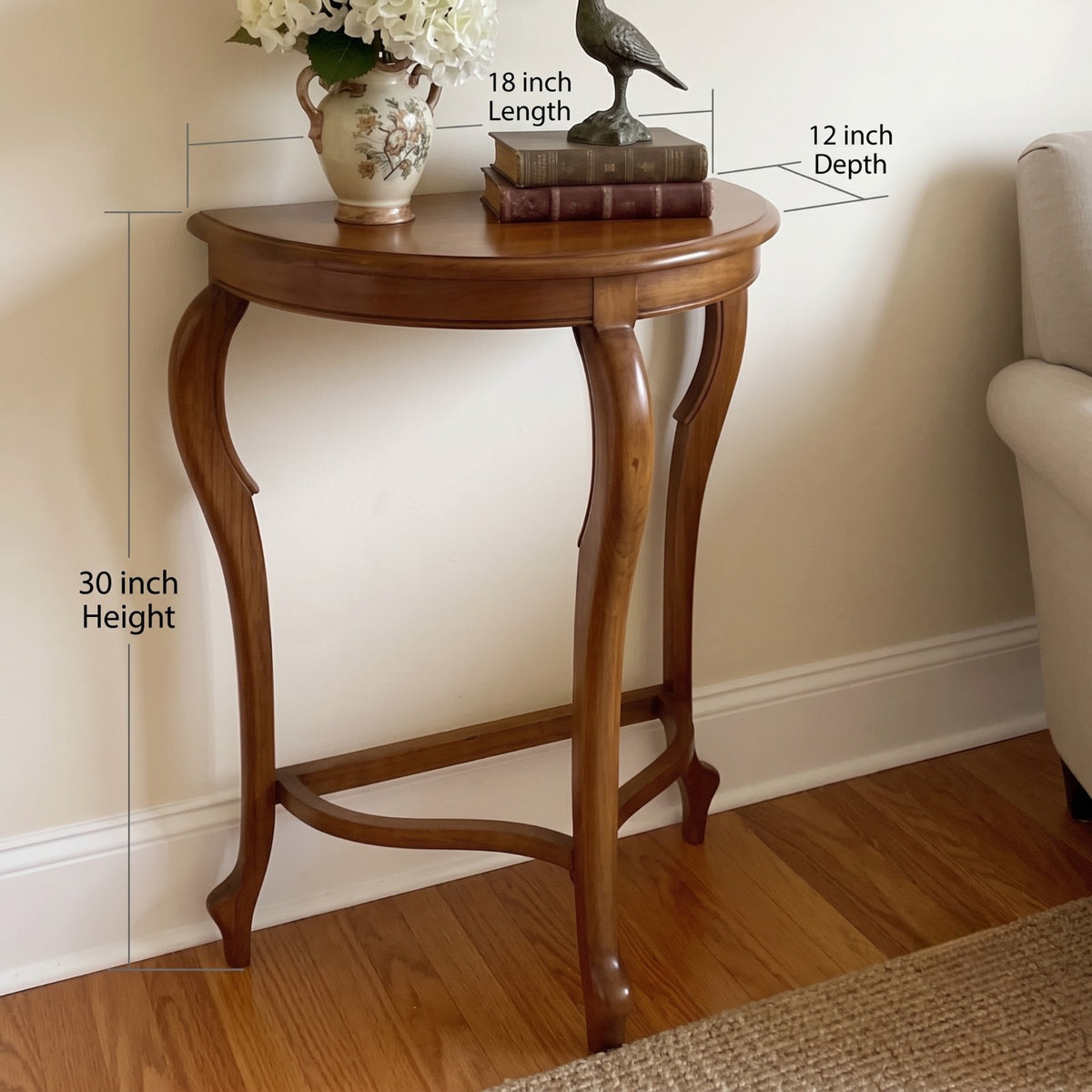 1993 Antique Teakwood Half-Moon Console Table | Wooden Accent Table