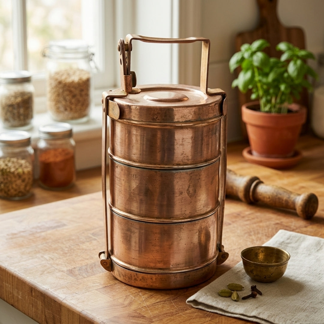 Antique Brass Tiffin Box | Traditional Stackable Multi-Tier Meal Carrier | Made in 1980