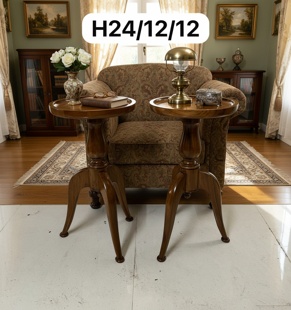 1995 Antique Teakwood Round Pedestal Table Pair | Coffee Table or Plant Stand