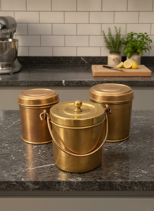Antique Peetal Storage Box Set of 3 with Spoon | Pure Brass Decorative Storage Containers | Made in 1970