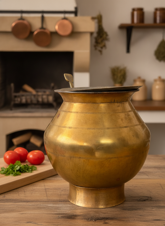 Antique Peetal Heavy Cooking Pot with Lid, Ladle & Stand | Pure Brass Serving Pot | Made in 1970