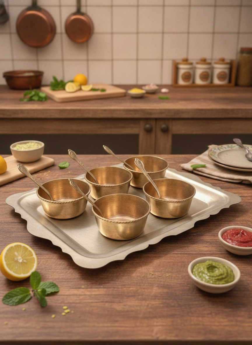 Antique Peetal Dessert Set with Tray | Pure Brass Serving Set | Made in 1980
