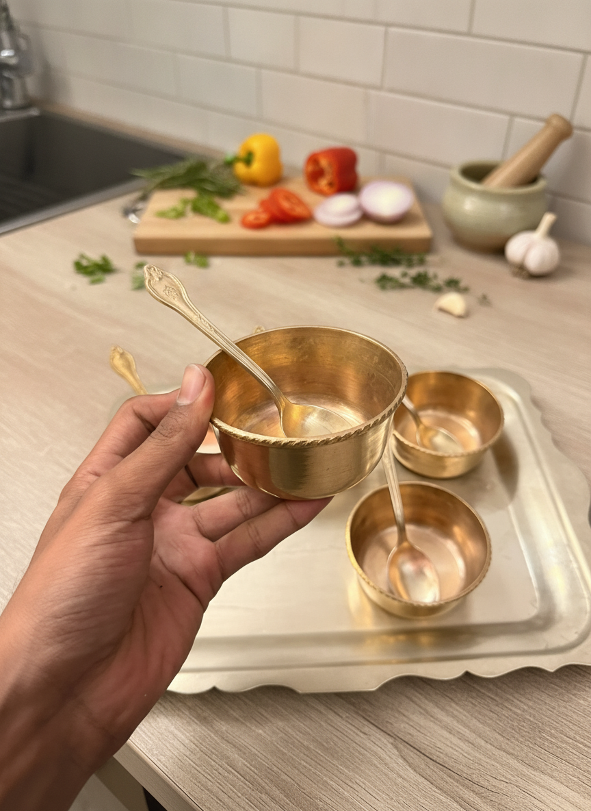 Antique Peetal Dessert Set with Tray | Pure Brass Serving Set | Made in 1980