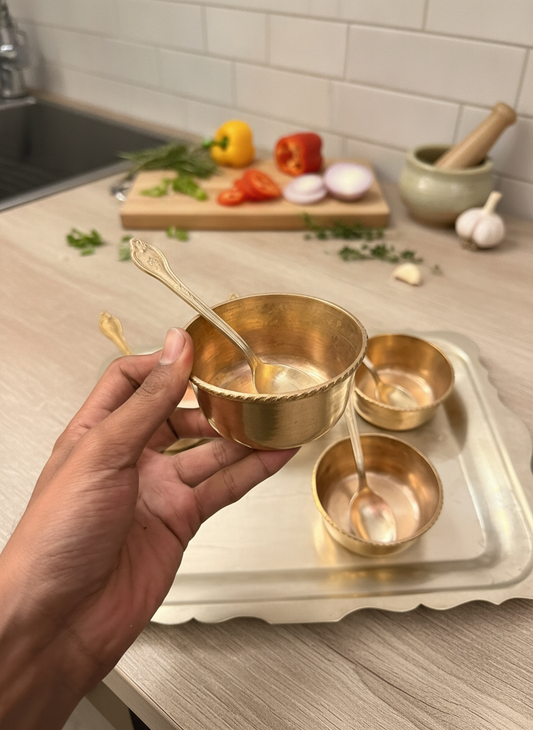 Antique Peetal Dessert Set with Tray | Pure Brass Serving Set | Made in 1980