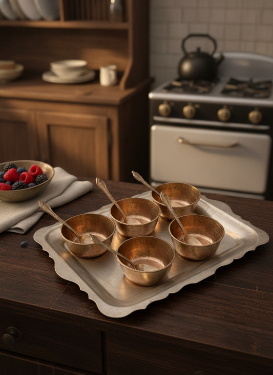 Antique Peetal Dessert Set with Tray | Pure Brass Serving Set | Made in 1980