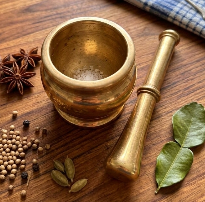1971 Antique Brass Small Khalbatta | Compact Solid Mortar and Pestle Set - Bombay Antiques