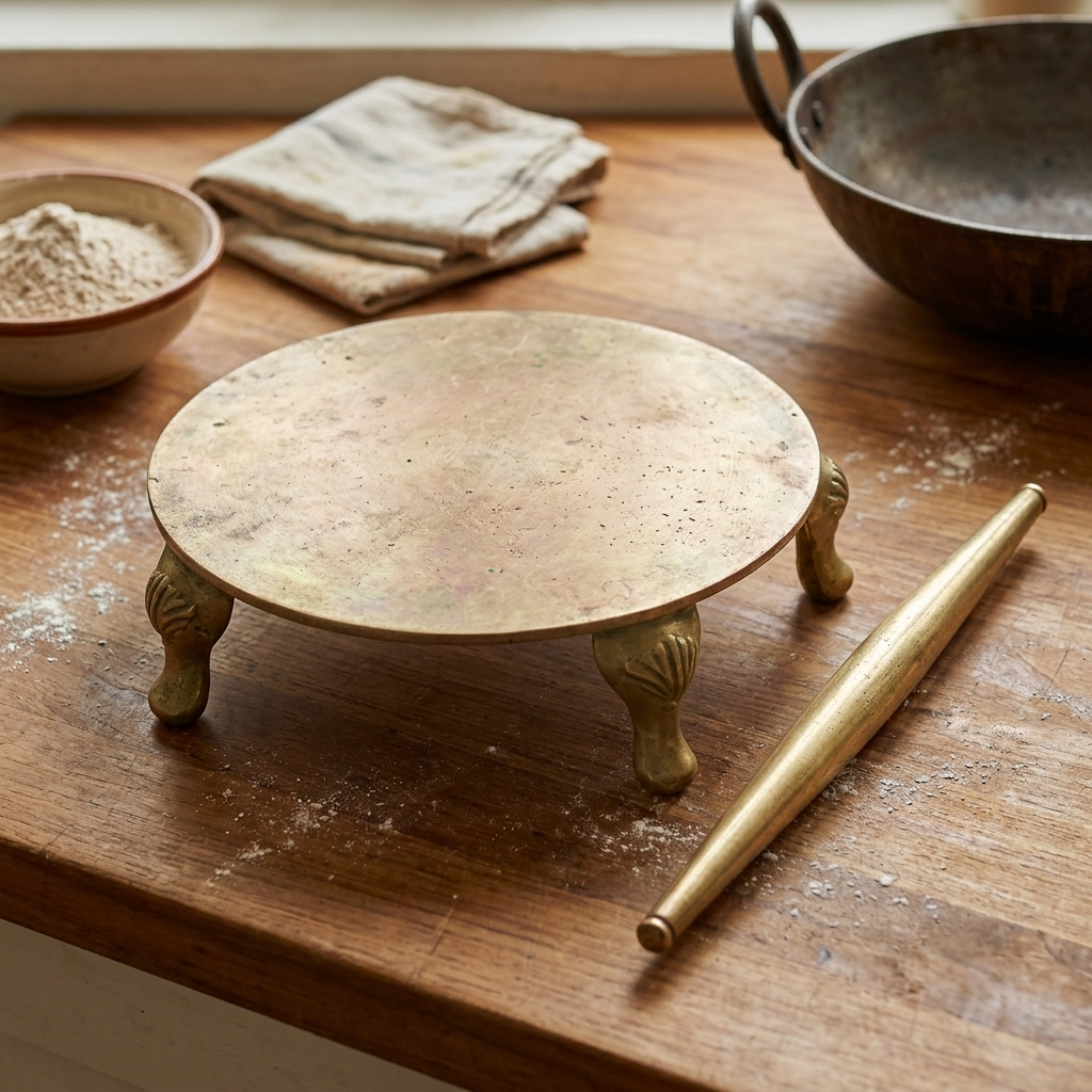 Antique Brass Chakla Belan Set | Pure Brass Roti Rolling Board & Rolling Pin | Made in 1980