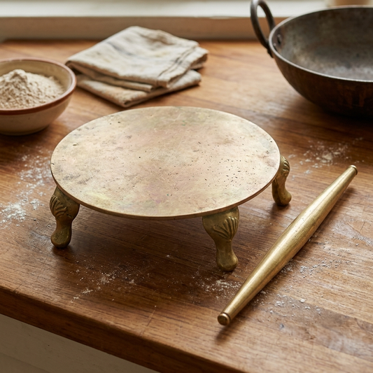 Antique Brass Chakla Belan Set | Pure Brass Roti Rolling Board & Rolling Pin | Made in 1980