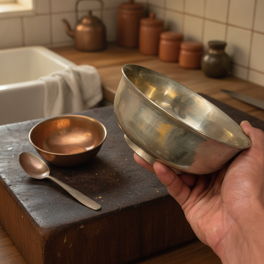 Antique Kansa Bowl Pair with Spoon | Pure Bronze Serving Bowls | Made in 1970 - Bombay Antiques