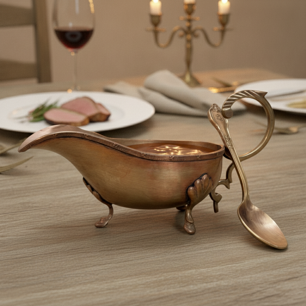 Antique Peetal Gravy Boat with Spoon | Pure Brass Sauce Server | Made in 1968