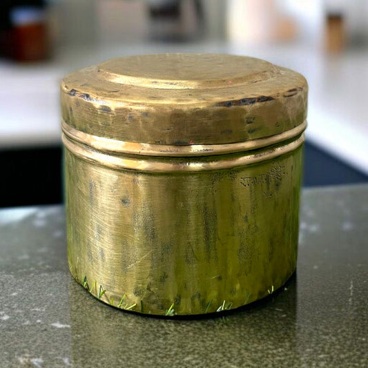 Antique Brass Handmade Storage Box | Pital Traditional Round Dabba with Lid