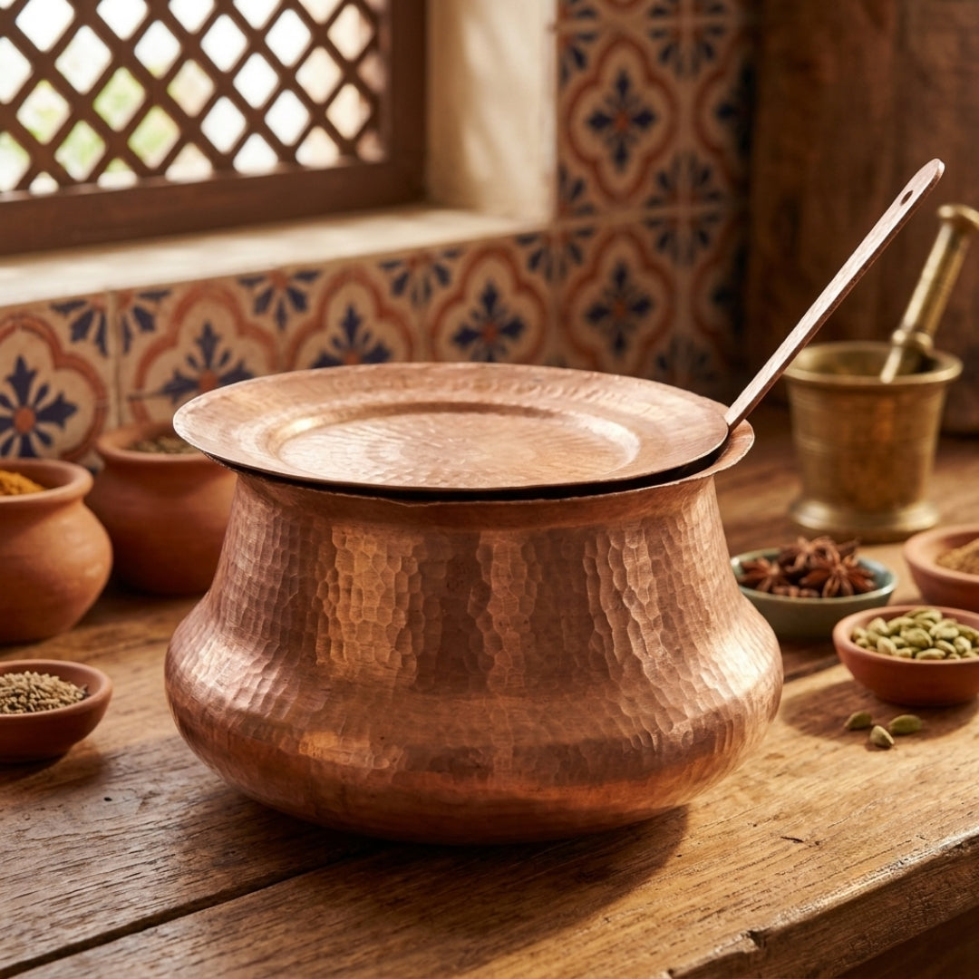 Antique Tamba Kadai with Lid & Ladle | Copper Cooking Vessel Set | Made in 1966
