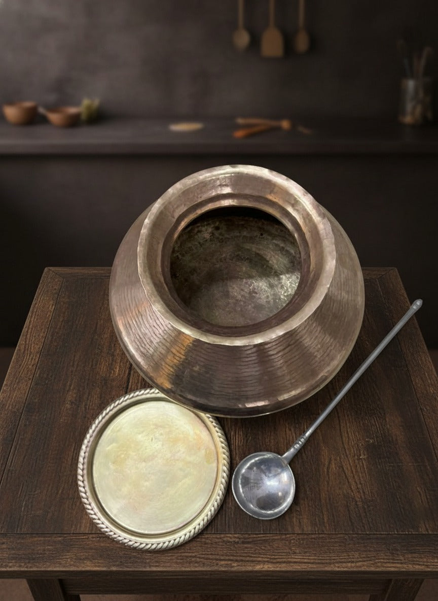 1972 Antique Brass Cooking Bowl with Lid and Ladle | Traditional Kitchen & Dining Set