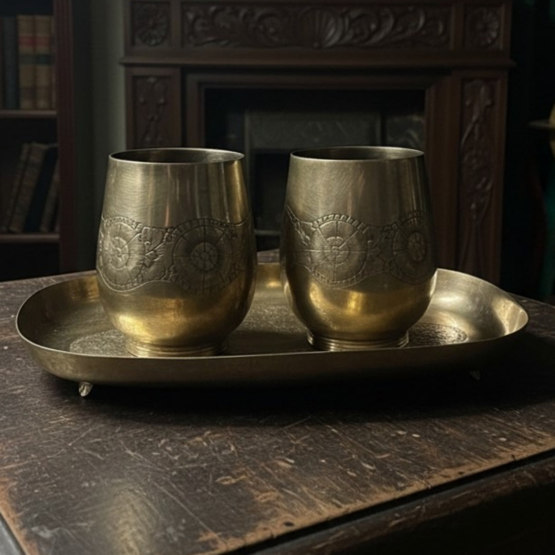 1986 Antique Brass Engraved Refreshment Set | Traditional Table & Décor Collection
