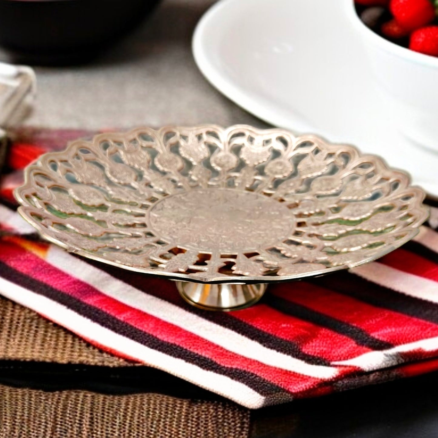 Antique Brass Fruit Serving Bowl with Stand | Ornate Utility Décor | Tableware