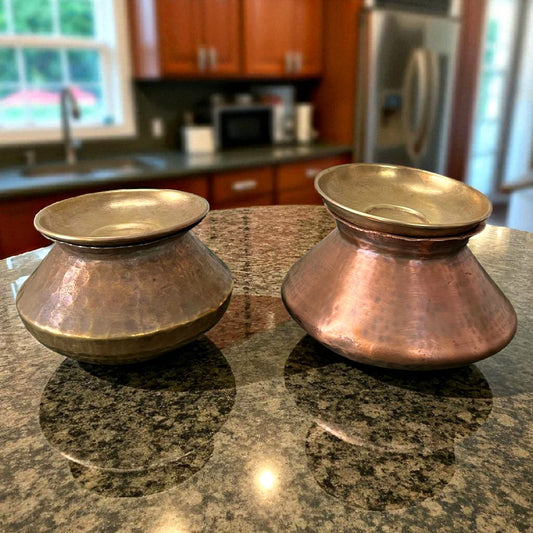 Antique Copper & Brass Cooking Pot Pair | Brass Lid Traditional Deg