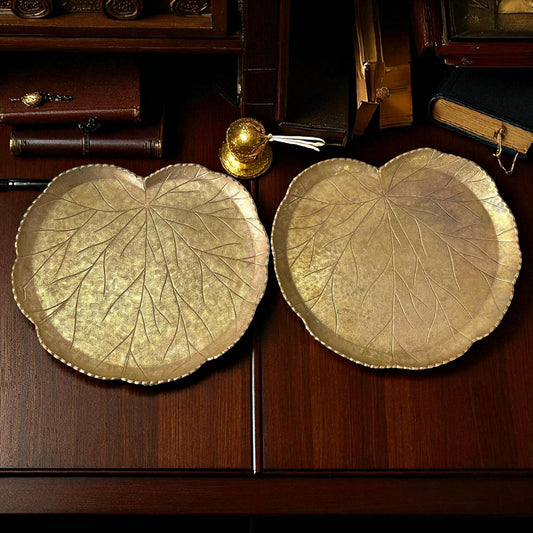Antique Brass Leaf Shape Plates in Pair | Pital Traditional Serving Thali Pair
