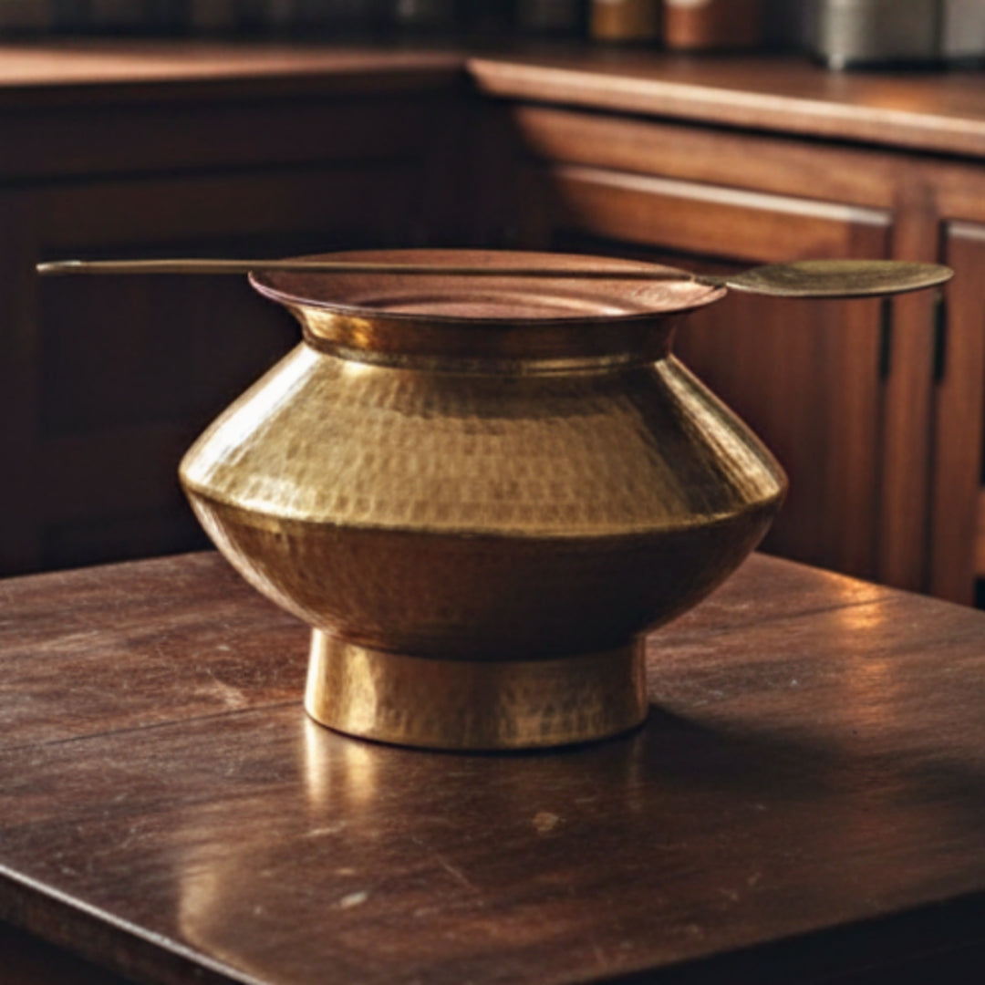 1976 Antique Brass Cooking Big Size Bowl with Spoon & Stand | Traditional Kitchen & Dining Utensil