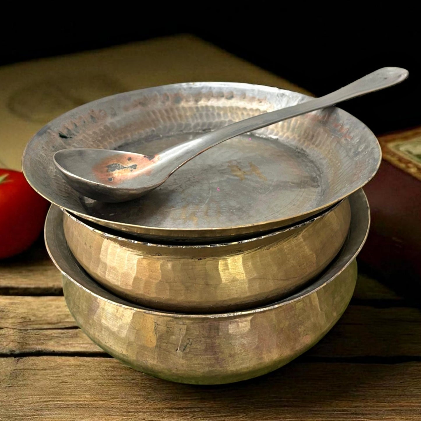 Antique Brass Deg Set with Lid & Ladle | Pital Traditional Cooking Vessel