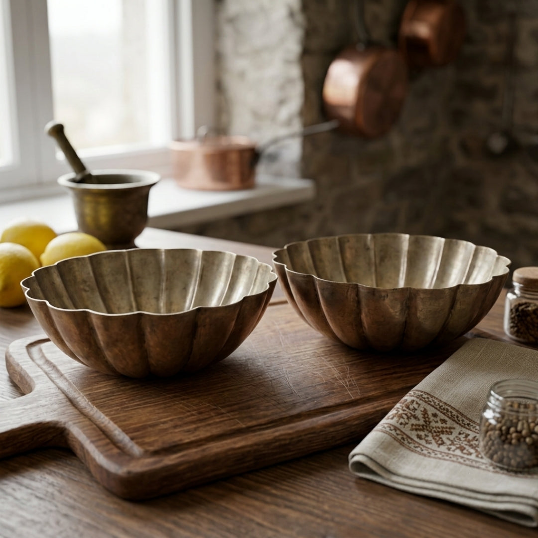 Antique Peetal Floral Exterior Bowl Pair | Pure Brass Decorative Bowls | Made in 1976