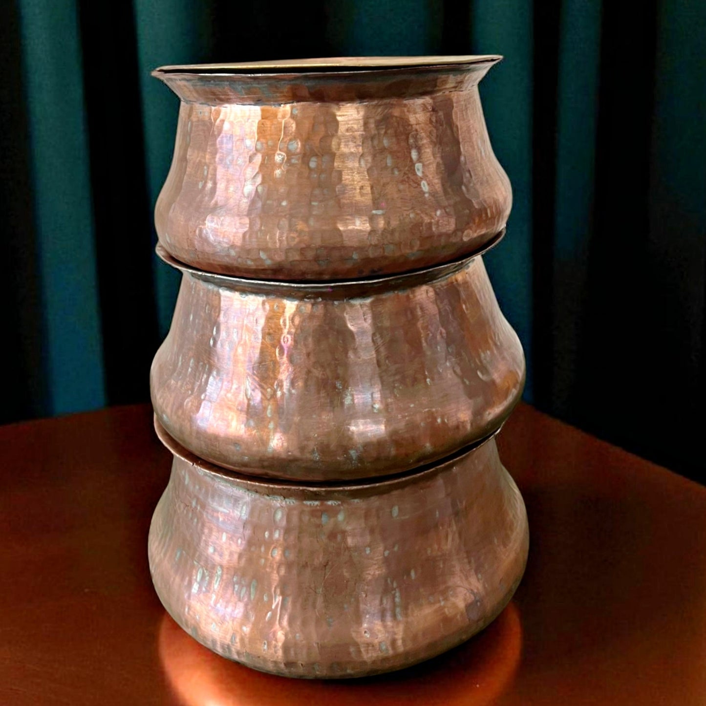 Antique Copper Deg Set of 3 with Brass Lid | Traditional Cooking & Storage Vessels