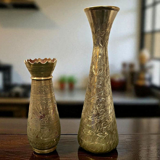 Antique Brass Vase in Pair | Pital Traditional Engraved Decor