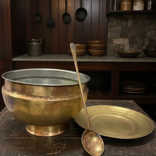1974 Antique Brass Long Cooking Bowl with Lid, Ladle & Stand | Traditional Kitchen & Dining Utensil