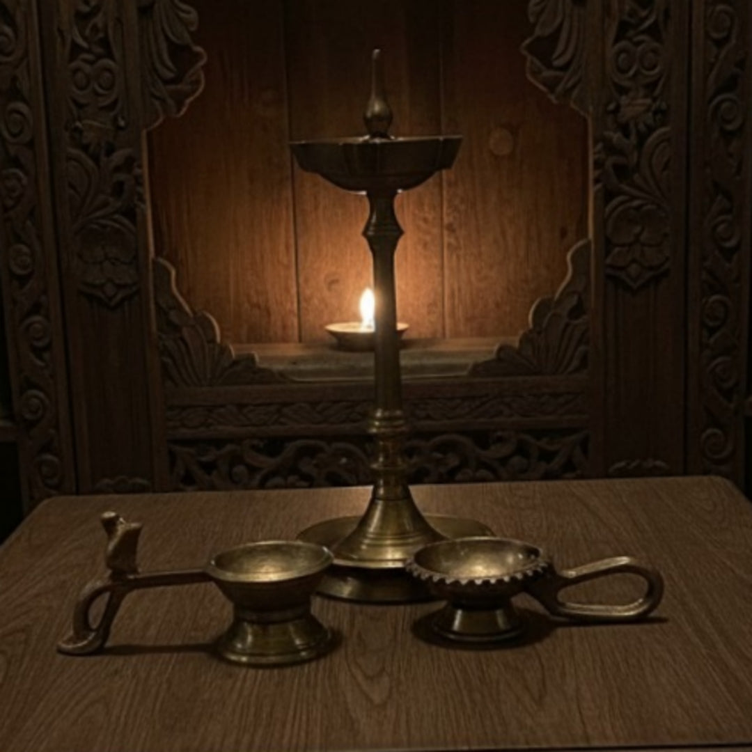 1987 Antique Brass Small Samay & Hand Diya Pair with Samay | Traditional Décor Set of 3