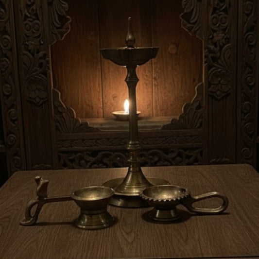 1987 Antique Brass Small Samay & Hand Diya Pair with Samay | Traditional Décor Set of 3