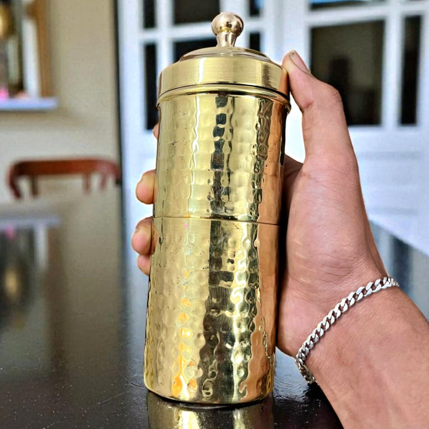 Brand New Brass Coffee Maker with 2 Glass Dabbara | Traditional South Indian Filter Set - Bombay Antiques