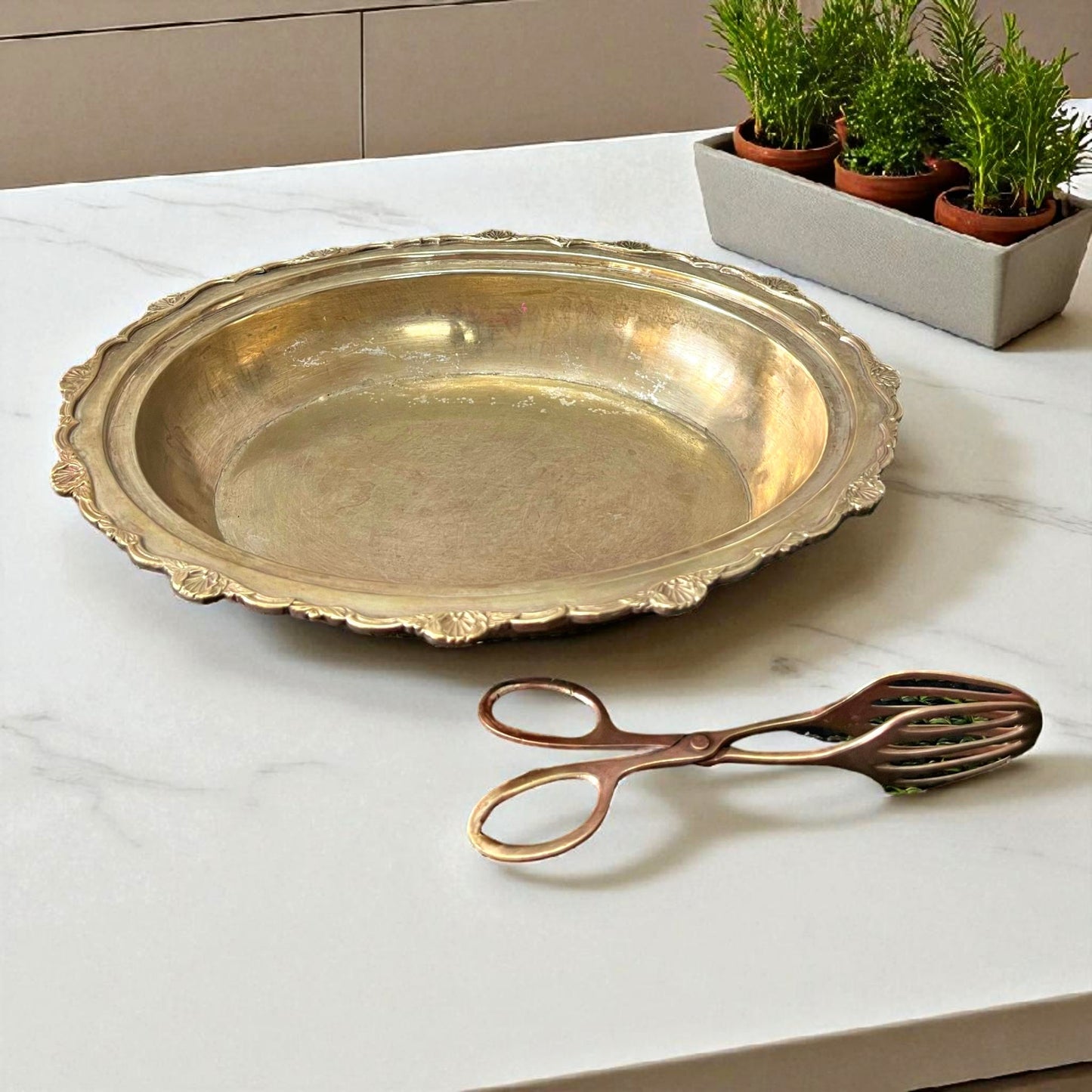 Antique Brass Wide Bowl Set | Pital Traditional Server with Tong