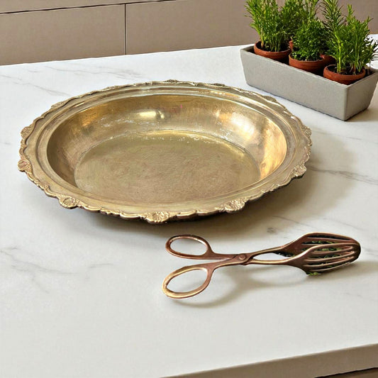 Antique Brass Wide Bowl Set | Pital Traditional Server with Tong