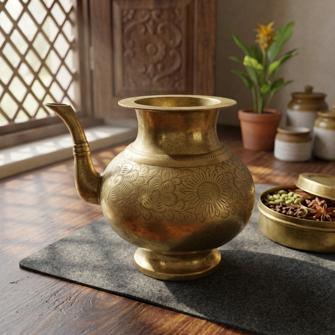Antique Peetal Water Pot with Spout | Engraved Brass Kamandal Pitcher | Made in 1978