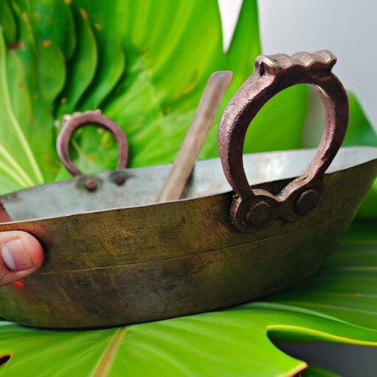 Antique Brass Kadai with Spatula | Traditional Indian Cookware | Pital Bartan Set