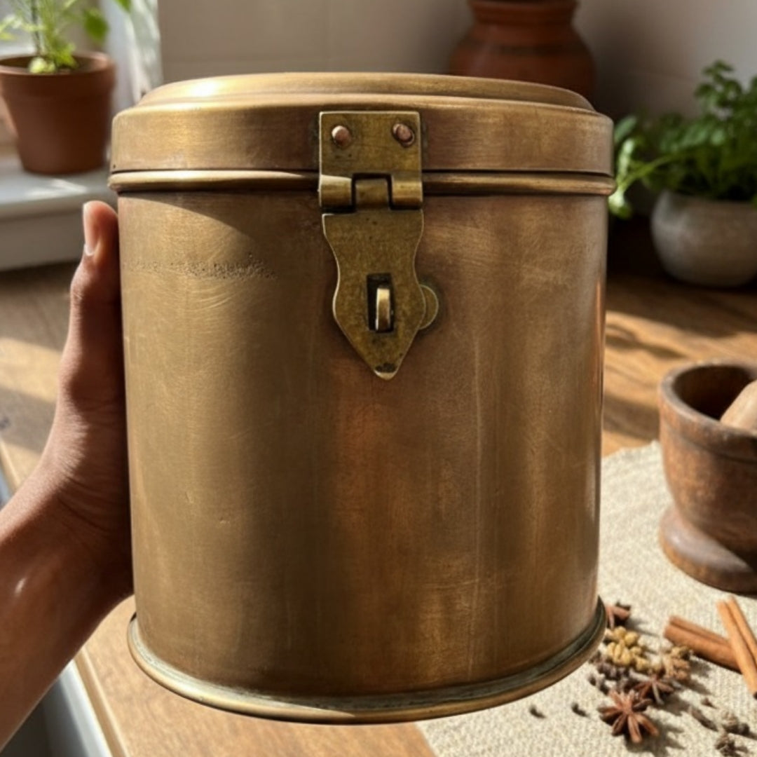 1980 Antique Brass Storage Box with Lock & Glass Insert | Tall Brass Kitchen Utility Box - Bombay Antiques