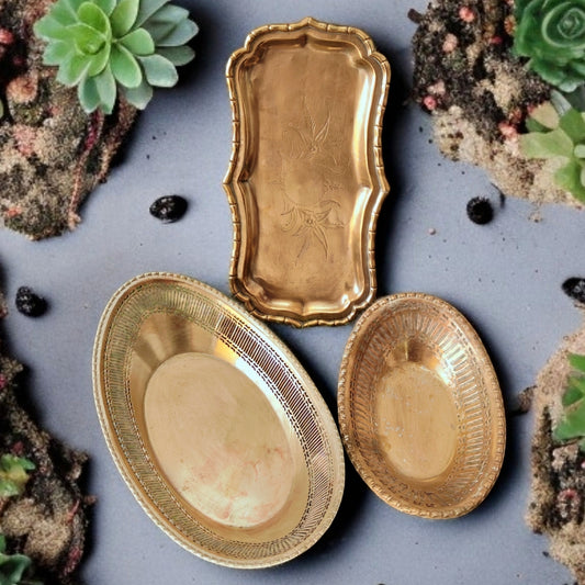 Antique Brass Basket and Tray Set of 3 | Traditional Pital Bartan | Serveware Set