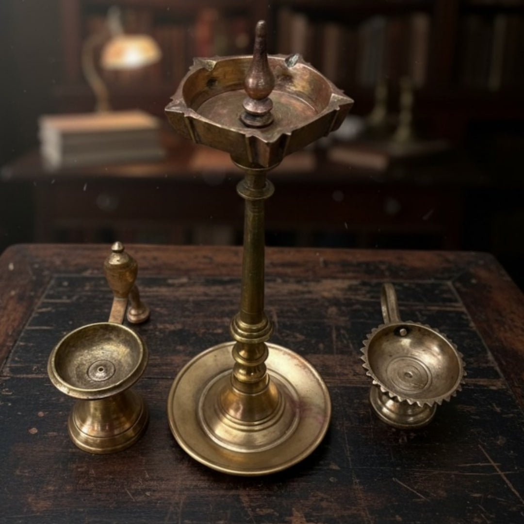 1987 Antique Brass Small Samay & Hand Diya Pair with Samay | Traditional Décor Set of 3