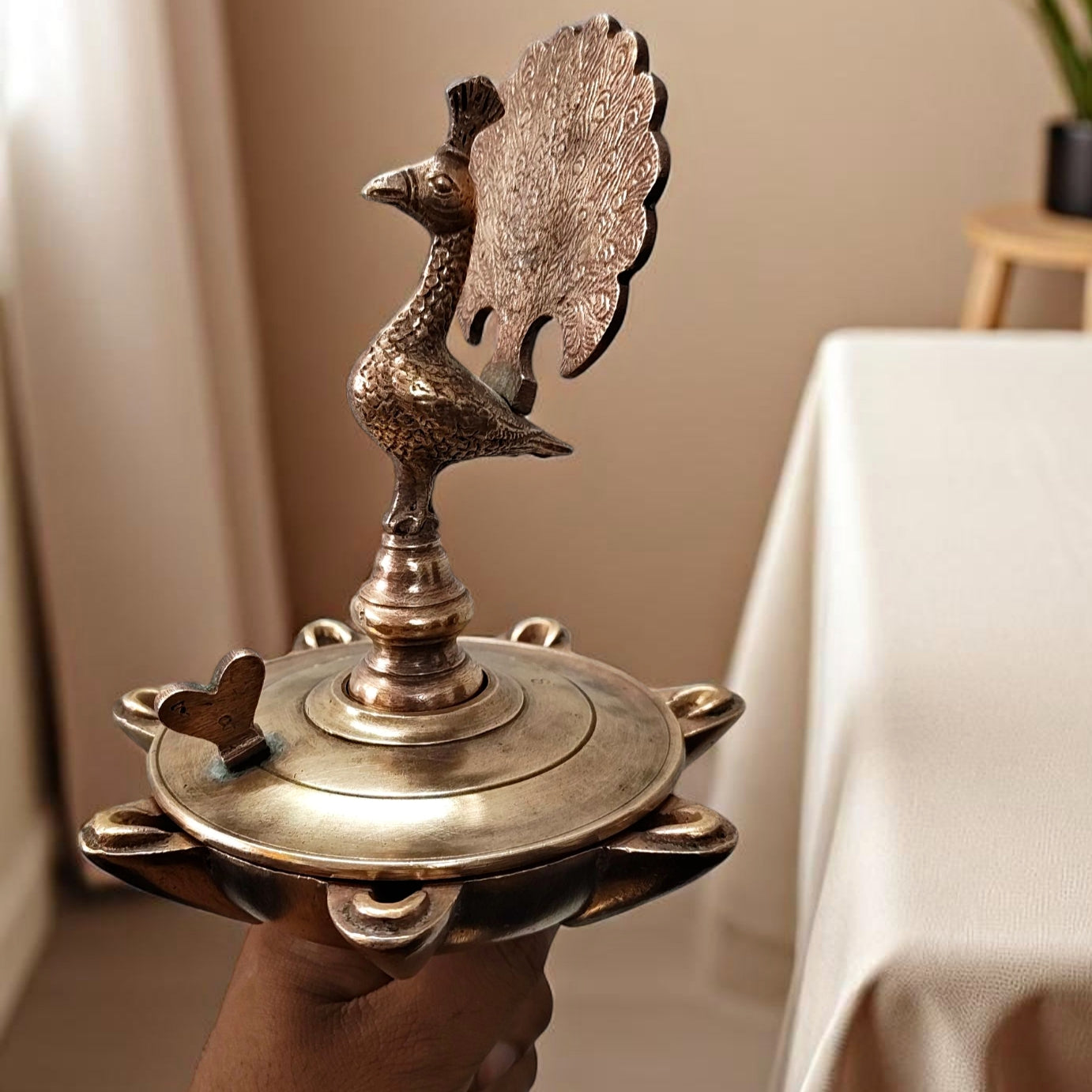 Antique Brass Peacock Samay | Pital Traditional Standing Oil Lamp