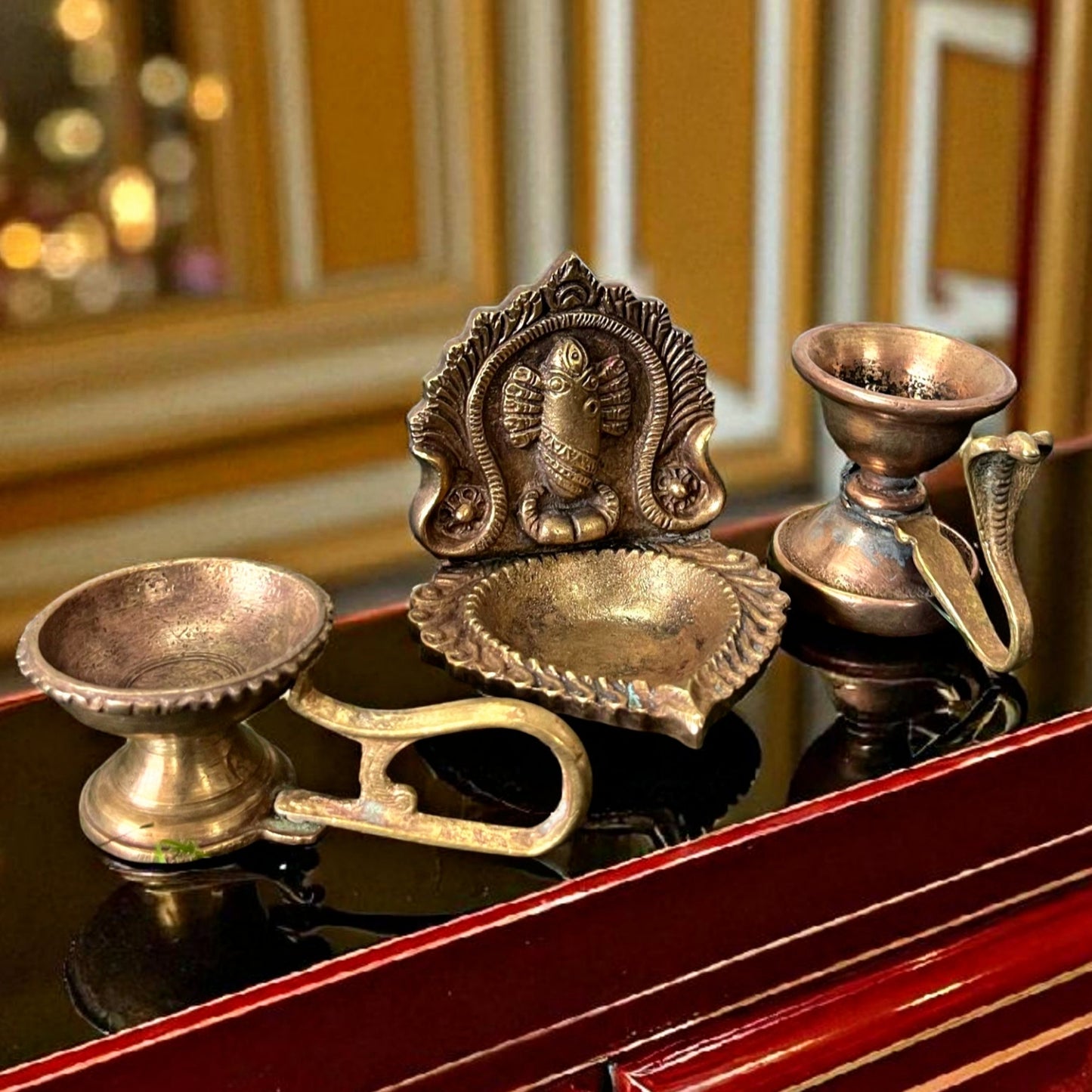 Antique Brass Diya Set of 3 | Pital Traditional Oil Lamps