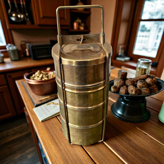 Antique Brass Tall Tiffin Dabba | Traditional Multi-Layer Storage