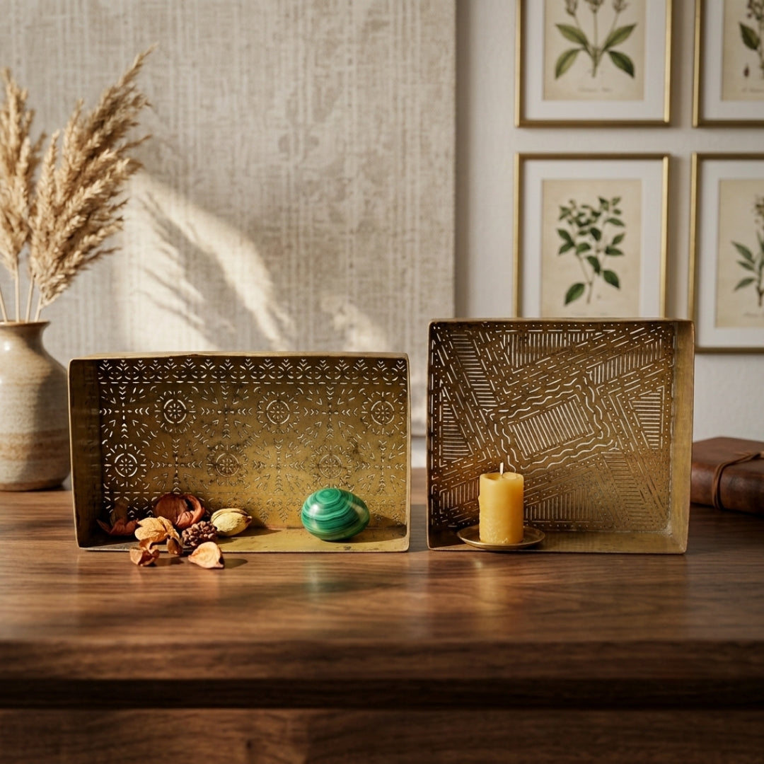 Antique Brass Jewelry Storage Box Set | Pure Brass Decorative Trinket Boxes | Made in 1980