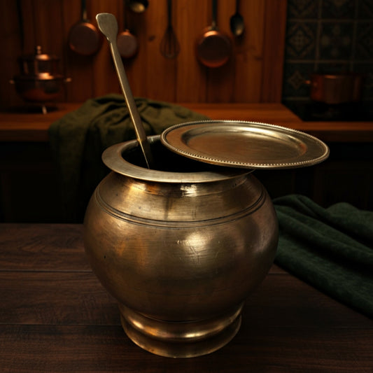 1978 Antique Bronze Cooking Bowl with Ladle, Lid & Stand | Traditional Kitchen & Dining Utensil