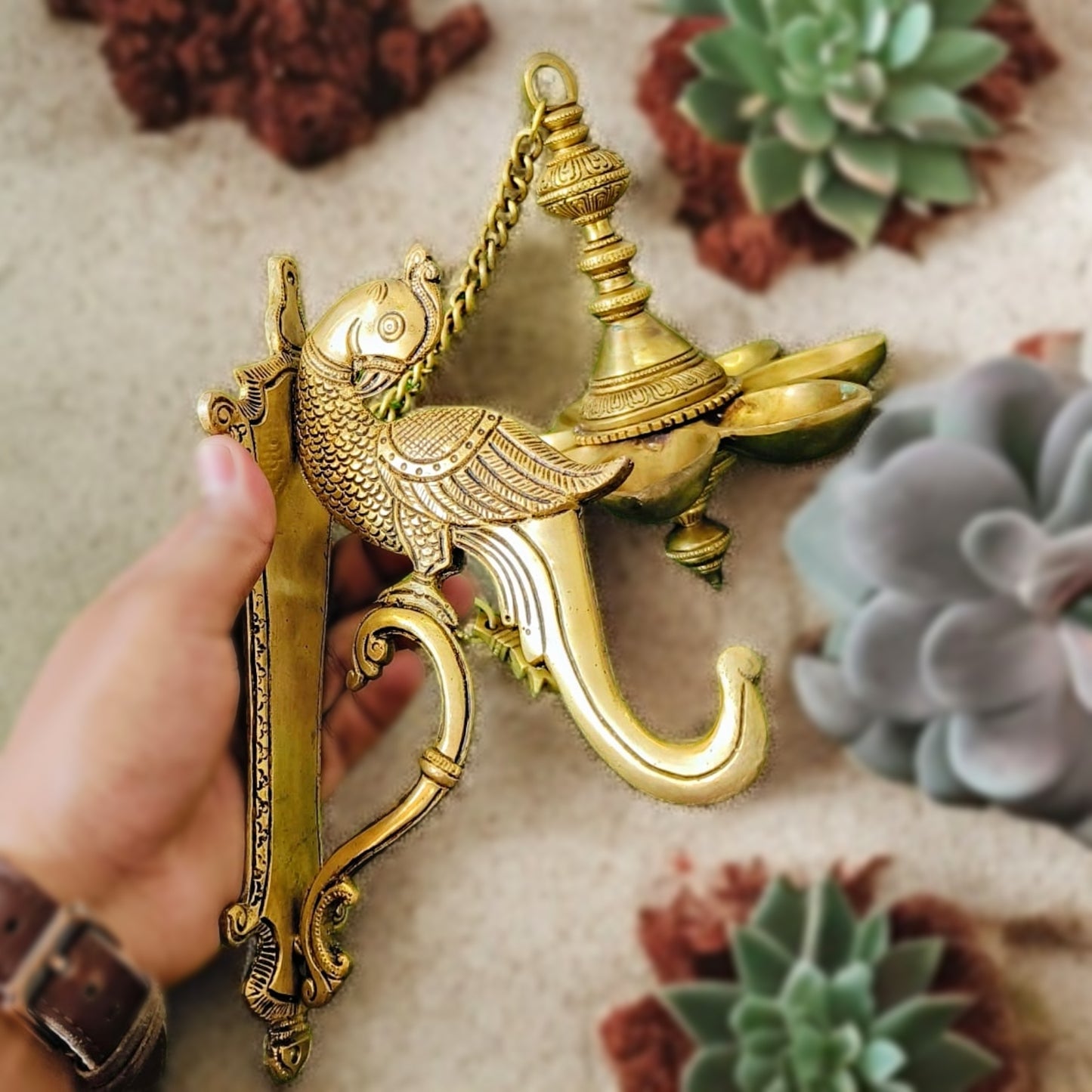 Antique Brass Hanging Diya | Pital Lamandiva | Traditional Lamp with Parrot Wall Mount Hook