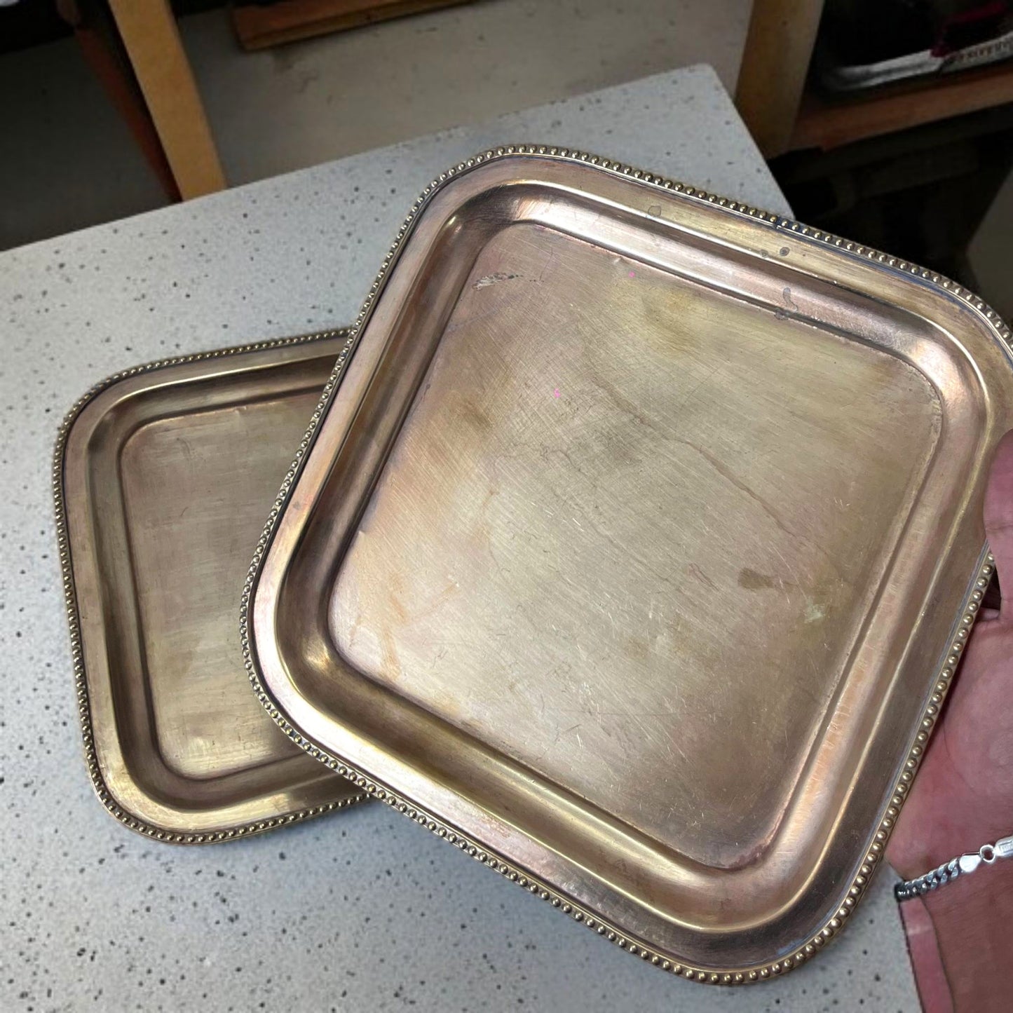 Antique Brass Square Base Trays | Traditional Serving in Pair