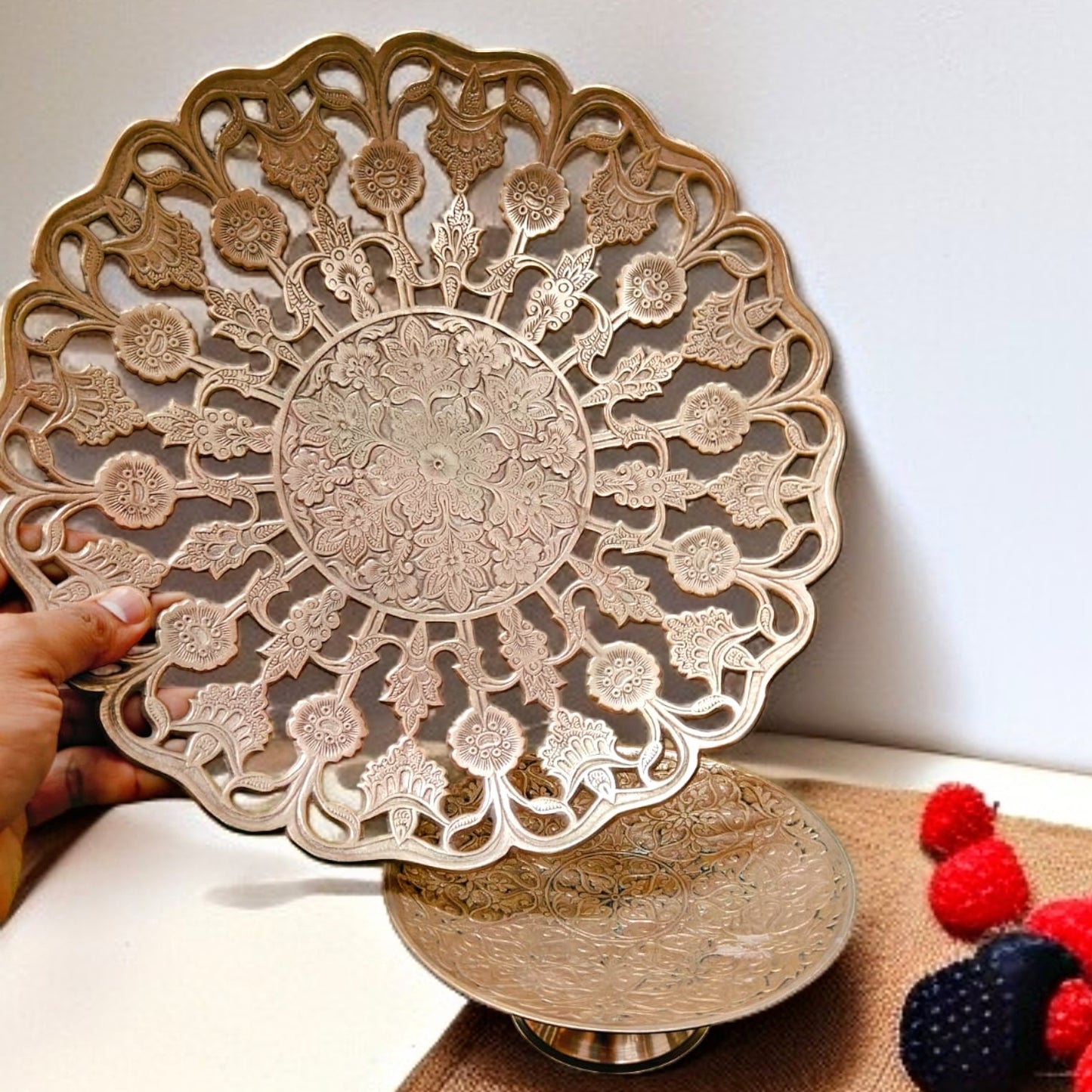 Antique Brass Fruit Serving Bowl with Stand | Ornate Utility Décor | Tableware