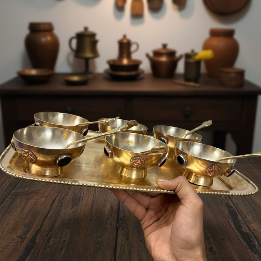 1979 Antique Brass Dessert Set with Décor Bowl & Tray | Traditional Dining & Display Collection