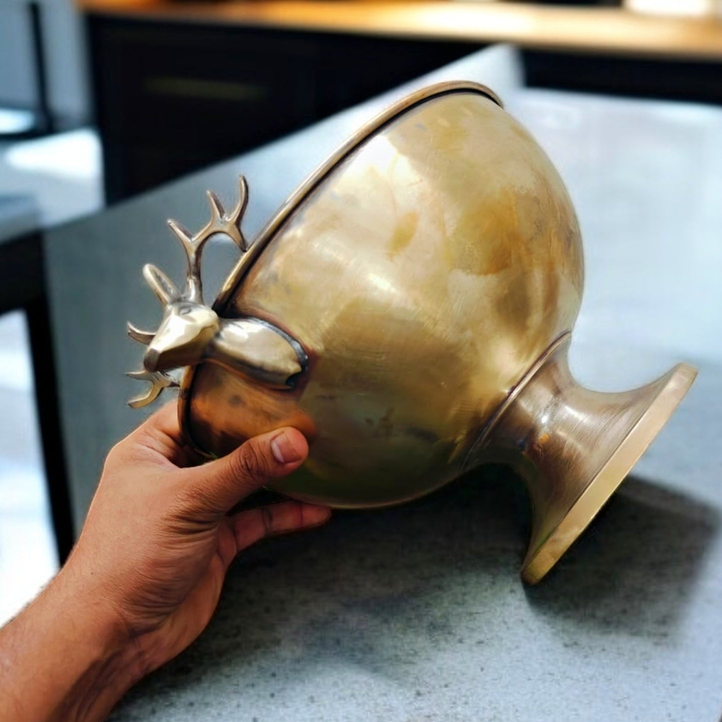 Antique Brass Serving Bowl with Deer Handle | Pital Bowl with Raindeer Handles
