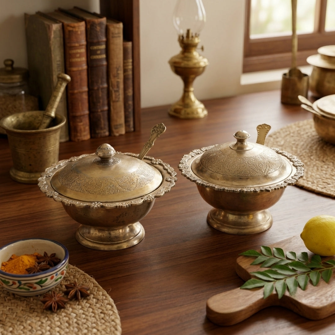 Antique Peetal Lidded Serving Bowl Set | Engraved Brass Serving Dishes | Made in 1980